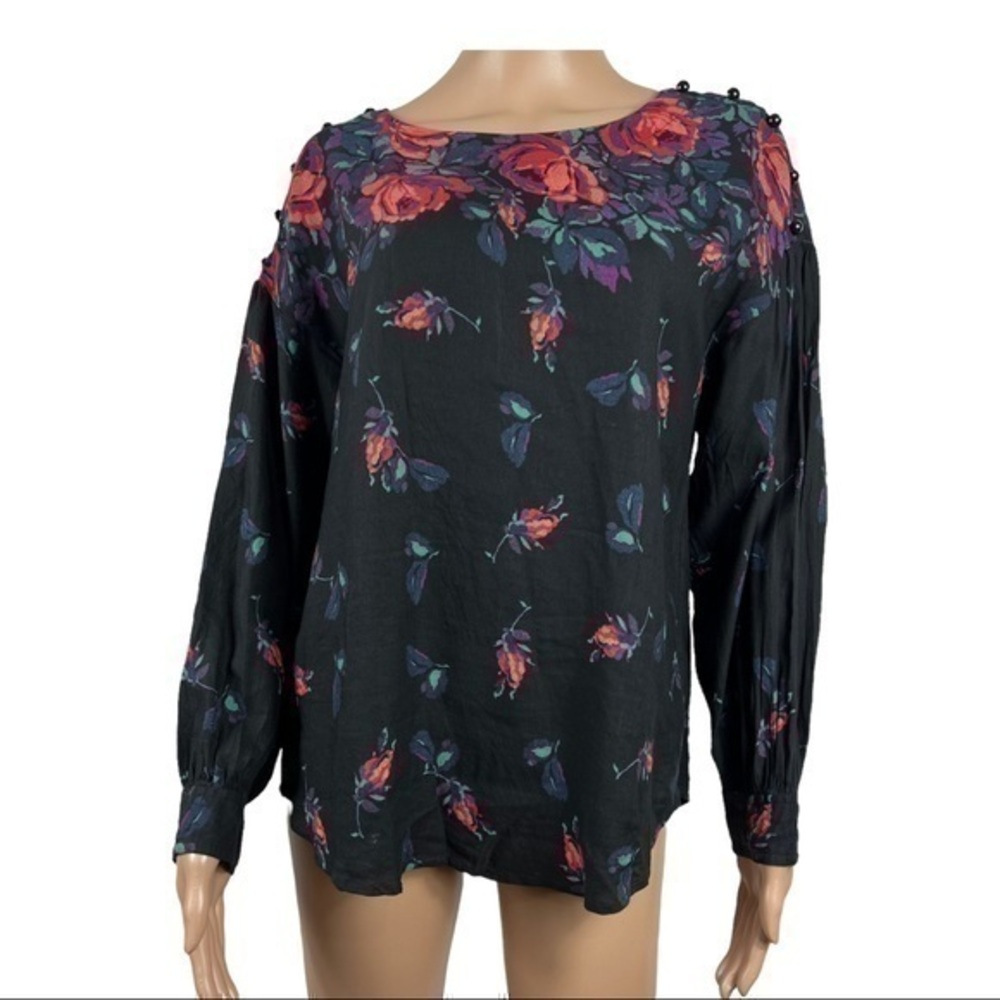 Anthropologie Maeve Womens Blouse Black Floral Size M Roses Button Shoulders